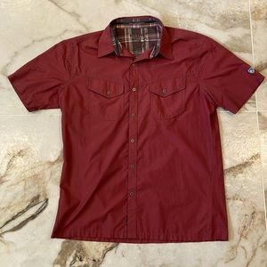 Kuhl maroon/red button down collared shirt. Men’s Large